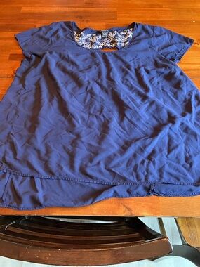 Women's Navy Blue Short Sleeve Blouse with Lace Back